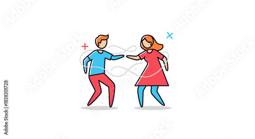 Two cartoon characters, a man and a woman, are connected by wavy lines, symbolizing communication, relationships, and human connection.
