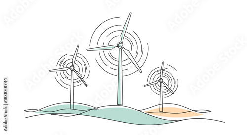 Line art illustration of three wind turbines generating clean energy on rolling hills, symbolizing renewable power and environmental sustainability.