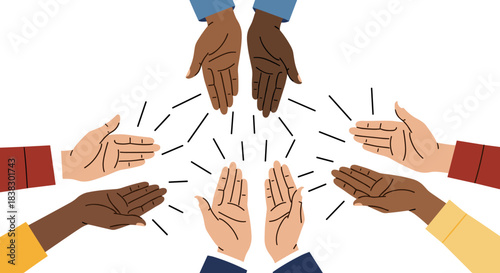 Diverse hands of various skin tones reaching out and connecting in a circular pattern, symbolizing unity, collaboration, and support within a community.