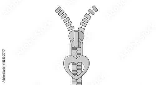 An illustration of a partially unzipped silver zipper with a heart-shaped pull tab, rendered against a clean white background.