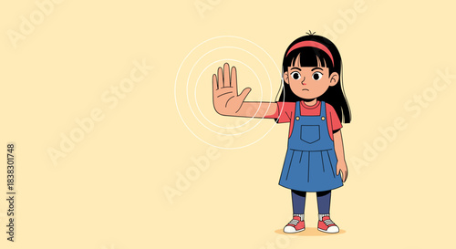 A determined young girl stands with her hand raised in a stop gesture, asserting her personal boundaries and indicating refusal.