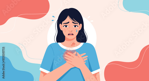 A distressed young woman holds her chest in pain, exhibiting a red rash on her face and neck, suggesting allergy or illness.