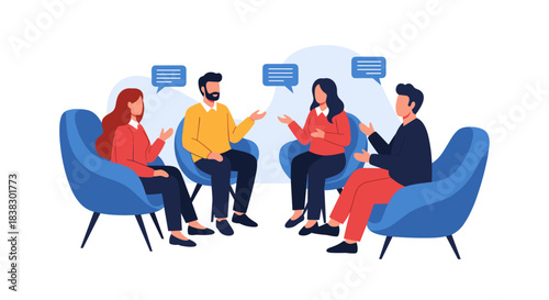 Four diverse individuals seated in a circle, actively participating in a group discussion, therapy session, or meeting, symbolizing open communication.