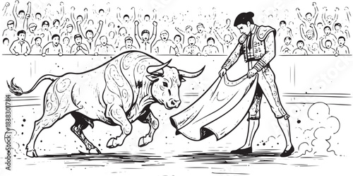 Matador Facing Charging Bull in Arena Spectacle - Vintage Style