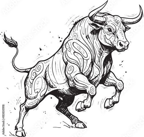 Ornate Raging Bull: Stylized Black and White Heraldic Illustration