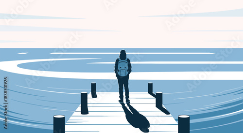 Lone traveler on a pier walking toward the horizon during a meditative journey of self-discovery surrounded by serene water and tranquil open skies