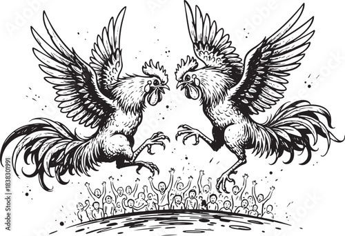 Roosters in Mid-Air Combat: Hand-Drawn Engraving Style