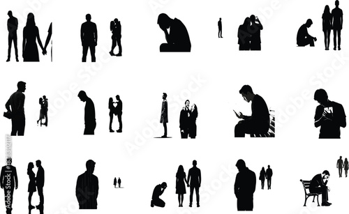 Silhouettes of people in various poses and interactions