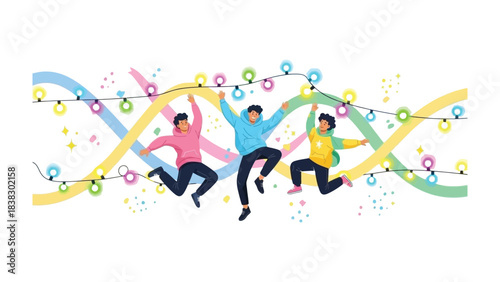 Joyful Celebration: Animated figures revel in a lively dance beneath a string of twinkling lights, embodying a spirit of merriment and carefree revelry.