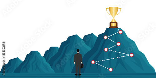 Businessman is looking at Trophy for his Goal. Career Success or Goal Achievement Concept. Vector Illustration.