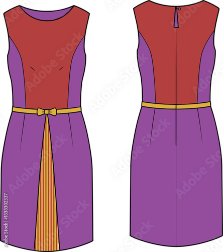 Color-blocked sleeveless dress sketch, round neckline, pleated front panel, yellow belt, fitted bodice, keyhole back, fashion illustration, vector design, garment concept, apparel