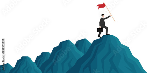 Businessman Reach the top of the Mountain with Victory Flag. Goal Achievement and Business Success Concept. 