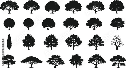 Extensive collection of diverse black tree and shrub silhouettes showcasing various species, shapes, and foliage including cypress, oak, pine, and dead winter trees, isolated on a white background, 
