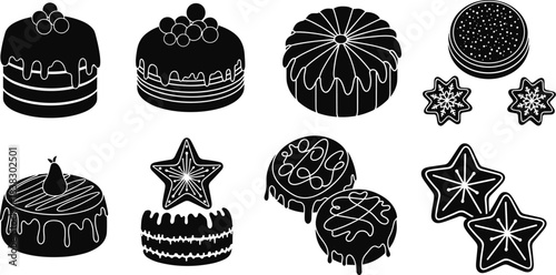 Silhouette cakes and cookies collection, festive dessert icons, bakery sweets illustration set, holiday treats graphic elements bundle