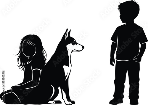 Silhouette children with dog outdoors, playful kids and pet companionship scene, boy watching girl sitting beside dog