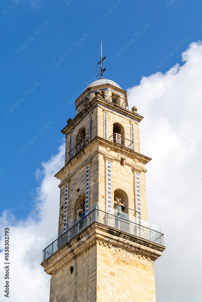 Fototapeta premium Jerez de la Frontera, Spain - May 15, 2025: Details of the medieval houses and palaces in the historic center, decorated for Holy Week, in Jerez de la Frontera, Spain