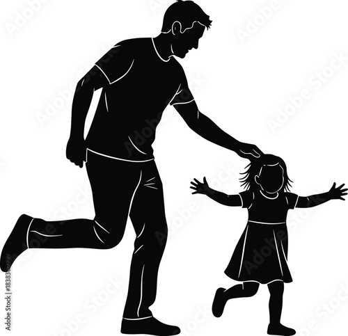Silhouette of father running with daughter, playful family moment showing joyful bonding and happy childhood outdoor activity scene