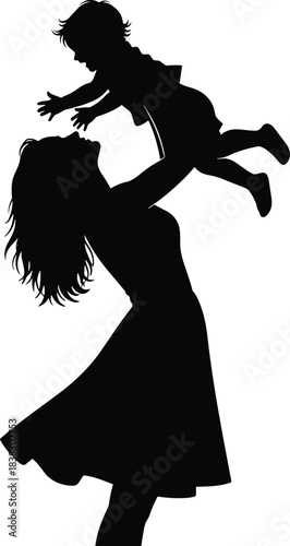 Silhouette of mother lifting baby joyfully in the air, heartwarming family moment showing love, bonding and happy childhood connection