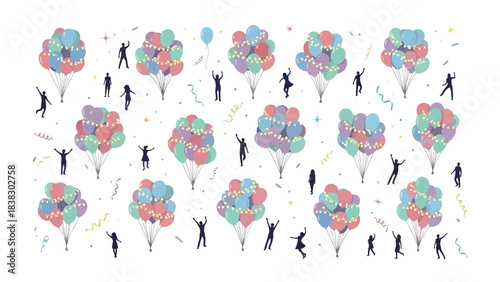 Celebration Balloons: A vibrant display of colorful balloons is being held aloft by joyful silhouettes celebrating with confetti, creating a sense of delight and festivity.