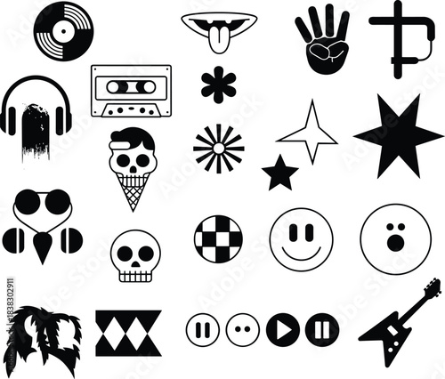 Black and white graphic icon set, vinyl, cassette, skull, guitar, smiley face, abstract symbols, vector illustration, artistic design elements, branding concept