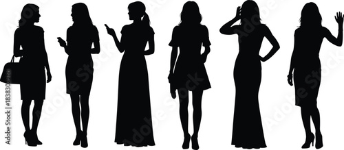Silhouette set of elegant women standing, posing, and gesturing in various outfits, modern female figures for fashion illustration design
