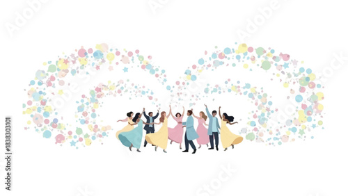 Celebration's Dance: A joyous group of people, adorned in elegant attire, celebrate together amid a flurry of colorful confetti. conveying a sense of merriment and togetherness.