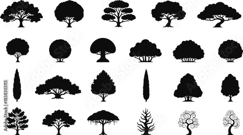 Extensive collection of diverse black tree and shrub silhouettes showcasing various species, shapes, and foliage including cypress, oak, pine, and stylized ornamental trees, isolated on a white back