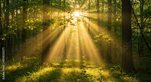 Intense sunbeams illuminate a dense, vibrant woodland area with lush undergrowth