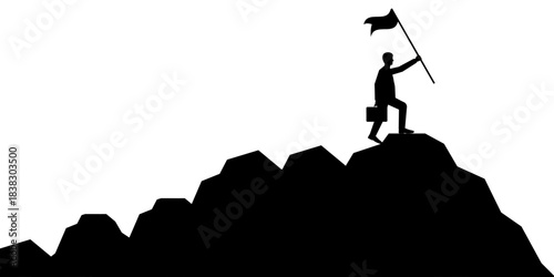 Businessman Reach the top of the Mountain with Victory Flag Silhouette. Goal Achievement and Business Success Concept. 