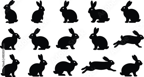 Fifteen black rabbit and bunny silhouettes showcasing various natural poses like sitting, standing, sniffing, running, jumping, and looking forward on a pure white background, isolated.