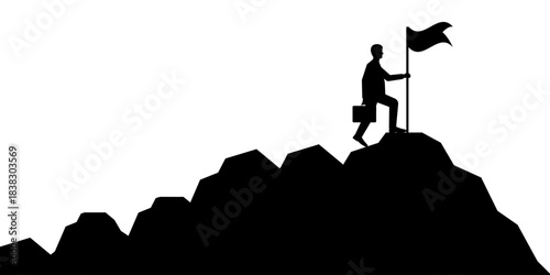 Businessman Reach the top of the Mountain with Victory Flag Silhouette. Goal Achievement and Business Success Concept. 