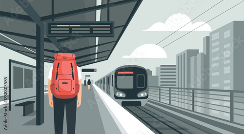 Lone traveler with backpack on train platform watching incoming train against modern city buildings while preparing for travel and exploring urban environments