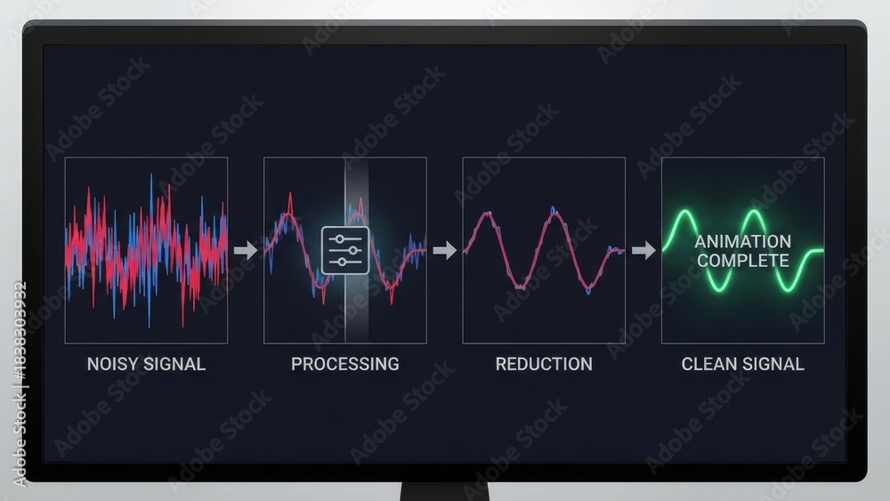 Obraz premium Digital display illustrating the conceptual process of signal processing, transforming a noisy data waveform through reduction steps to achieve a clean and clear output signal