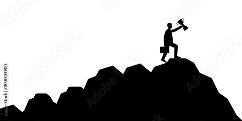Businessman Reach the top of the Mountain with Trophy Silhouette. Goal Achievement and Business Success Concept. 
