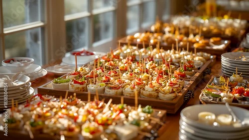 Elegant catering table filled with assorted gourmet appetizers arranged for a formal event showcasing refined presentation warm lighting and inviting atmosphere