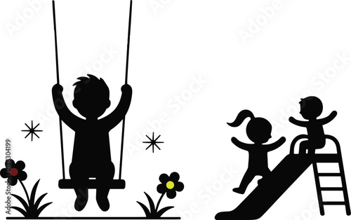 Playground silhouette with children on swing and slide, joyful black vector illustration of outdoor activity, childhood fun, and playful interaction for seasonal design