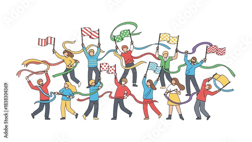 Victory Celebration: Joyful individuals celebrate a victory, holding vibrant flags that symbolize triumph, creating a scene of collective elation and achievement. 
