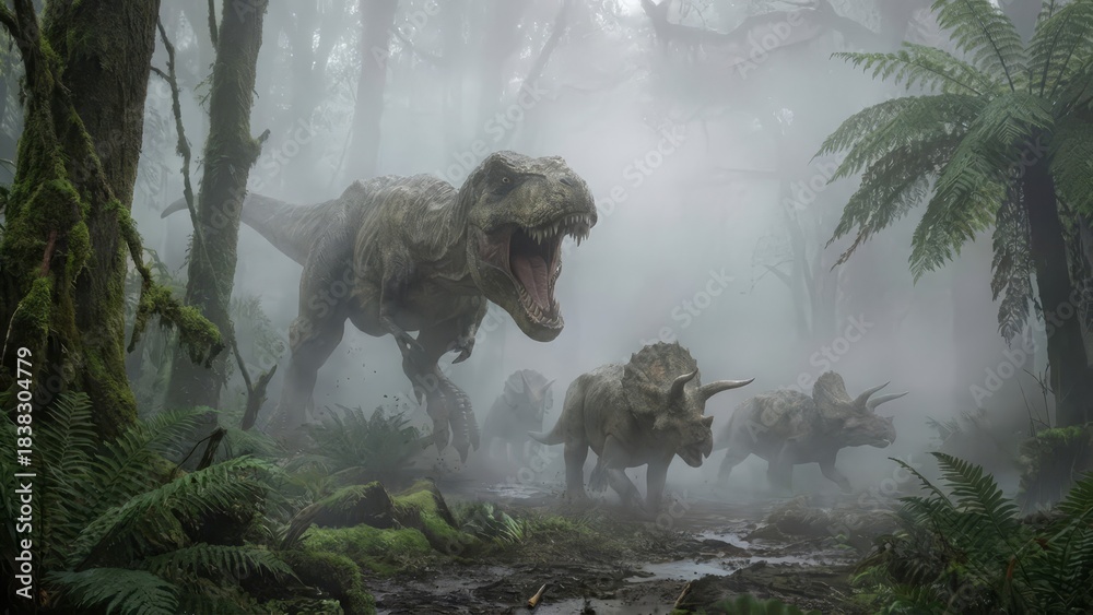 Fototapeta premium Tyrannosaurus rex aggressively pursuing two triceratops through a dense, foggy prehistoric jungle, depicting a dramatic survival scene of predator and prey in primeval wilderness