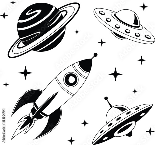 Space vector illustration, rocket ship, UFOs, Saturn planet, stars, cosmic design pack, science fiction theme, galaxy exploration art