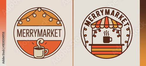 Merrymarket round badges with coffee cup, festive string lights and market stall, cozy holiday fair logo set; warm seasonal vector for events and promotions