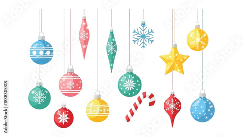 Festive Ornaments: A vibrant display of colorful ornaments, including baubles, stars, and snowflakes, each intricately designed and ready to bring a touch of holiday magic.