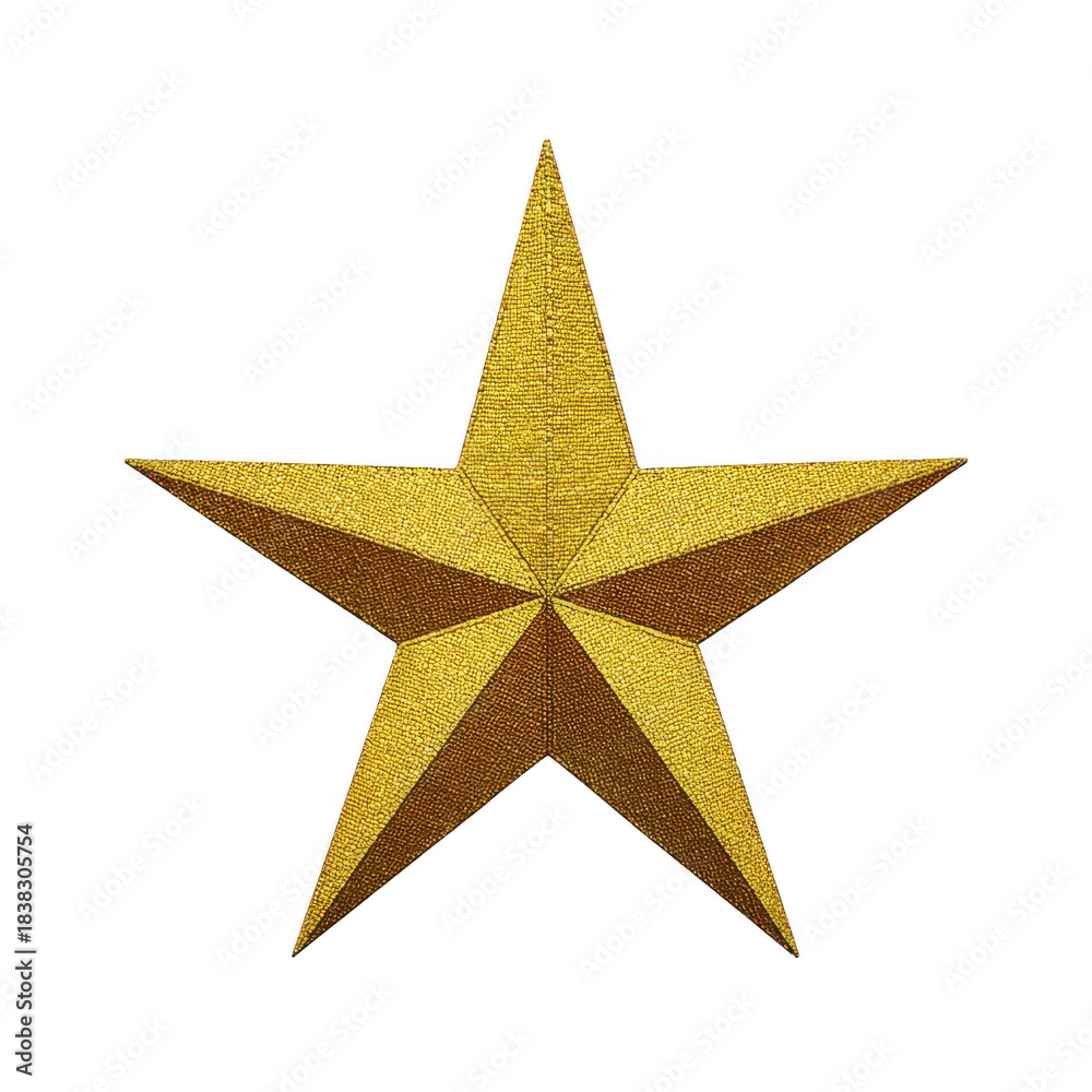 Obraz premium Golden five pointed star with textured surface, symmetrical design, and metallic shine, isolated on transparent background, symbolizing achievement, success, and excellence