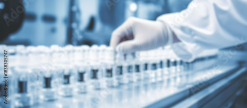 Blurred pharmaceutical production line with moving glass bottles and automated machinery.