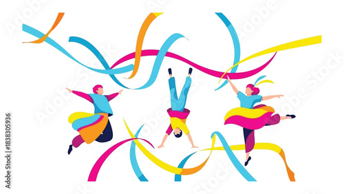 Festive Dance: Lively figures dance amidst vibrant ribbons in a burst of joyful movement and celebration.  