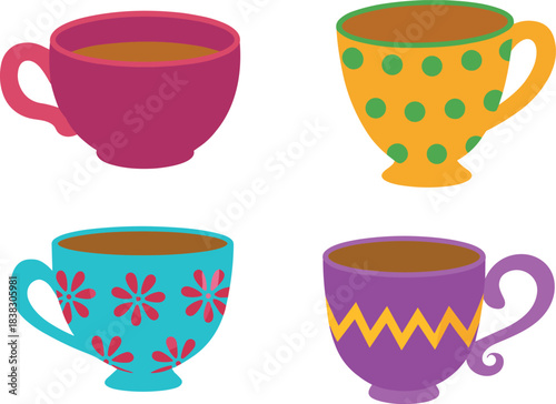 Colorful teacup cartoon illustration set, decorative tea cup vector icons, cozy drinkware design, hot beverage artwork,