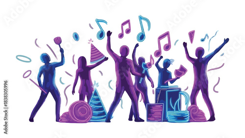 Musical Celebration: A vibrant scene unfolds as silhouettes of people joyfully celebrate with music, confetti and festive hats, creating a lively atmosphere of merriment.