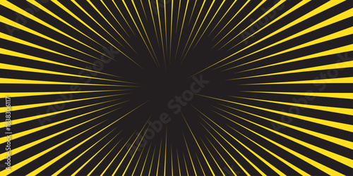Vector realistic illustration of radial neon yellow lines glowing in darkness, energy burst, anime hero motion speed, manga design element. Abstract gold light motion speed zoom dynamic. 
