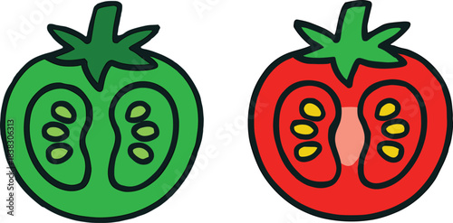 Cartoon tomatoes ripe and unripe sliced in half, black and white vector illustration, food icon design, vegetable comparison, healthy produce for coloring books