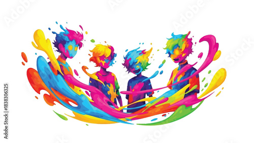 Color Splash Harmony: A vibrant artwork depicts figures engulfed in a dynamic interplay of vivid colors, evoking a sense of unity and shared experience. 