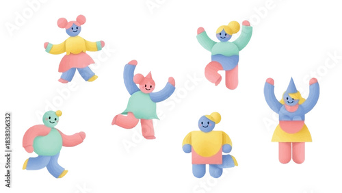 Abstract Dancing Figures: Playful and whimsical abstract figures in joyful dance poses, showcasing vibrant color palettes and unique forms. Capturing energy and movement